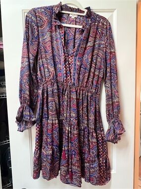 Paisley Print Long Sleeve Tiered Dress - Pink & Blue